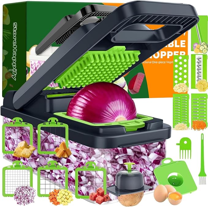 15-in-1 Vegetable Chopper 10 Blades, Veggie Cutter with Handle, Green/Grey | Stainless Steel Blades, Food Container and Lid, Dicer, Slicer, Julienne, Egg Separator, Non-slip Base, Include Cleaning Tools