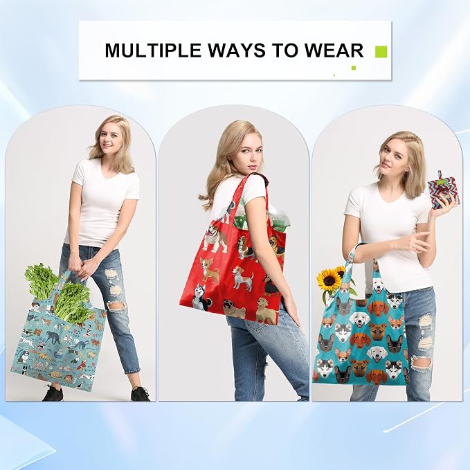 BeeGreen Dog Reusable Shopping Bags Cute Grocery Bag 6 Pack, Christmas Gift Bags Heavy-Duty Foldable Shopping Totes for Supermarket, Work & Travel, Large Washable Polyester Tote Bag with Handles