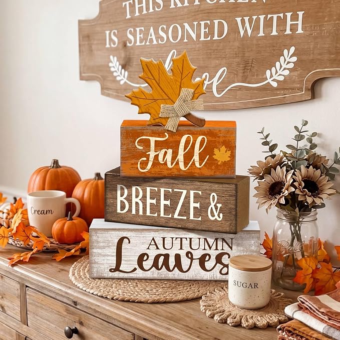 Lineshading 4 Pcs Wooden Fall Block Signs Farmhouse Tabletop Decor | Rustic Home Accent for Tiered Trays, Autumn Leaves Theme, Stacked Design for Seasonal Display, Harvest Lettering