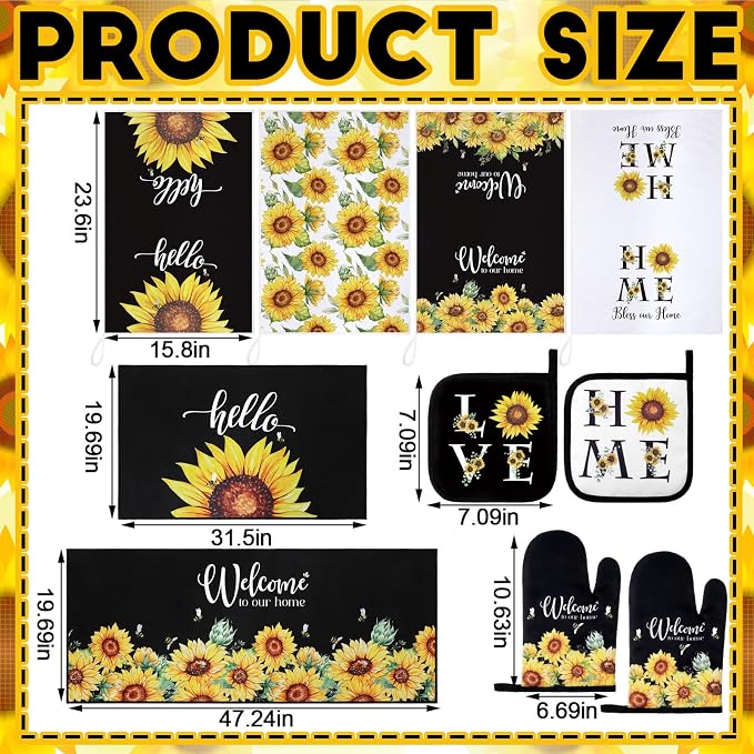 Fourluoo 10 Pcs Sunflower Kitchen Dish Towels Rugs Oven Mitts and Pot Holders Set Farmhouse Kitchen Decor Set for Women Mom Daughter Gift Cooking Baking Grilling (Bright Black Yellow)