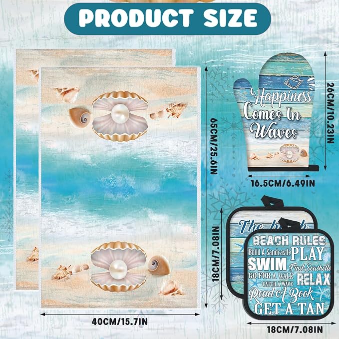 Mindsoft 6 Pcs Summer Beach Kitchen Towels Pot Holders Oven Mitts Set Island Decorations for Kitchen Include Coastal Dish Towel Beachy Rustic Oven Gloves Pot Holders for Christmas House Gifts