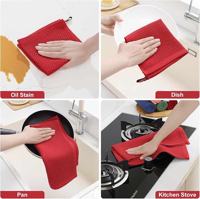 Homaxy 12 Pack 100% Cotton Kitchen Towels and Dishcloths Set, Red | 12 x 12 Inches and 13 x 28 Inches Kitchen Towels Set, Ultra Soft Absorbent Dish Cloths for Washing Dishes