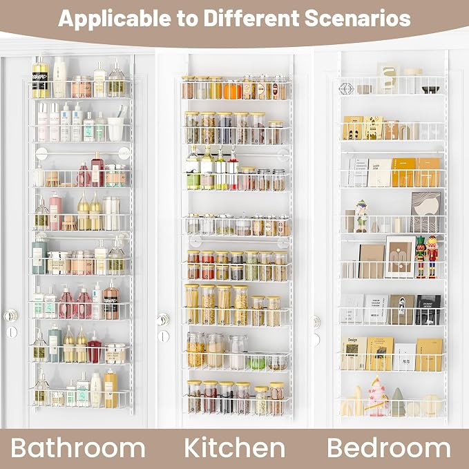 ElegantArray 8-Tier Pantry Door Organizer, White | Over The Door, Hanging Spice Rack Shelves, Kitchen & Bathroom Storage, Home Office & Laundry Room