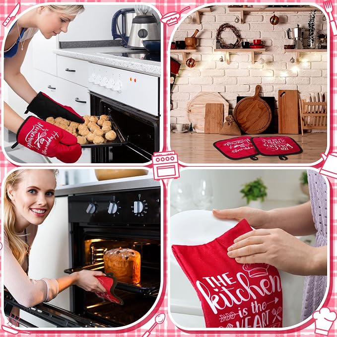 Sratte 6 Pcs Kitchen Decor Accessories Set, Kitchen, Red | Farmhouse Kitchen Towels Pot Holders Oven Mitts Set 2 Dish Towels 2 Potholders 2 Cooking Mittens for Baking Cooking Supply