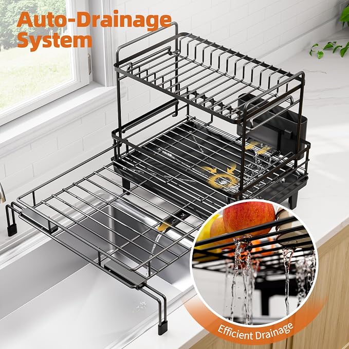 Urackify Expandable Sink Dish Drying Rack for Kitchen Counter, 2-Tier Black | Large Dish Racks, Sink Dish Drainer, Rustproof Dish Strainer with Utensil Holder, 12.3"-20.5" L x 15"W
