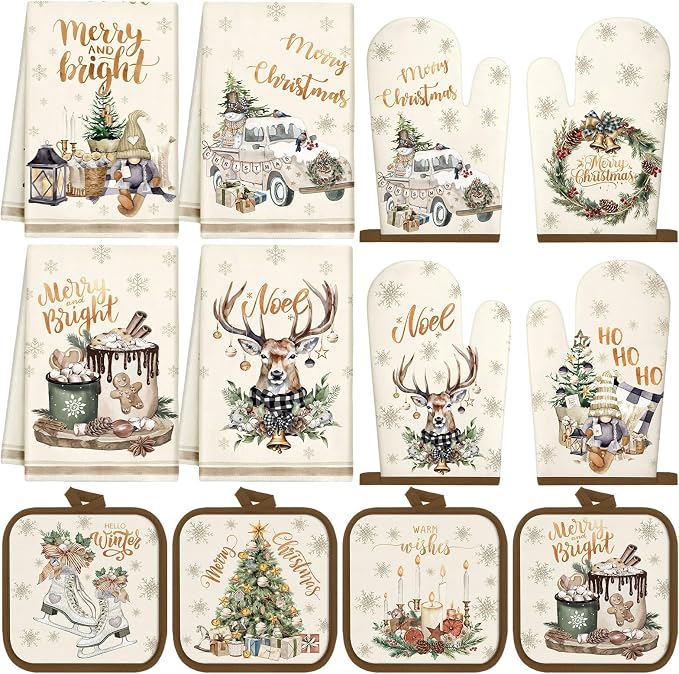 SiliFine 12 Pcs Christmas Kitchen Accessories Set Vintage Deer Pot Holders Xmas Retro Truck Oven Mitts Gnome Kitchen Towels for Farmhouse Christmas Home Decorations, Cooking Baking Holiday Gifts