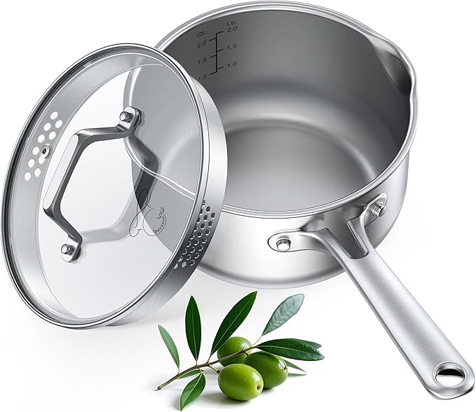 PekGema 2.5QT Saucepan w/Glass Strainer Lid, Tri-Ply Stainless Steel | Tri-Ply Stainless Steel;Dual Spouts&Strainer Holes;Measurement Marks;Dishwasher Safe;Oven Safe 500°F;All Stovetops