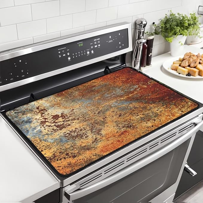 Brown Rust Metal Stove Top Covers for Electric Stove Gold Rusty Cinnamon Copper Bronze Metallic Glass Top Gas Stove Pad Heat Resistant Range Cooktop Mat for Kitchen 28"x20"