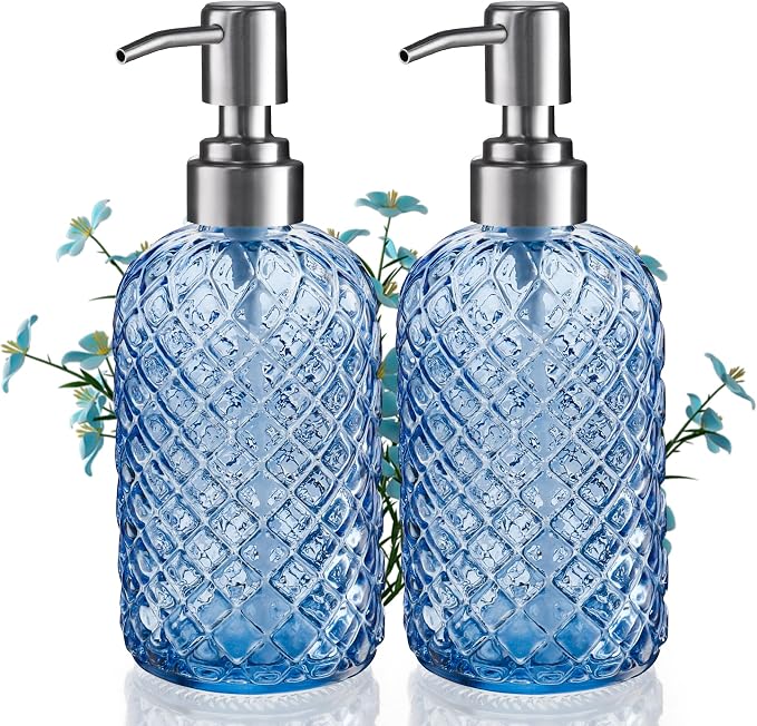 Kaishun Refillable Glass Soap Dispenser (2PC) for Hand Soap & Lotion, Blue