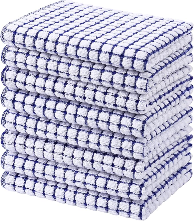 Mordimy Premium Cotton Kitchen Towels 16"x 25", Blue Check Design, 8 Pack | Super Absorbent Terry Kitchen Hand Towels, Large Natural Ring Spun 360 GSM Dish Towels, Soft Tea Towels with Hanging Loop
