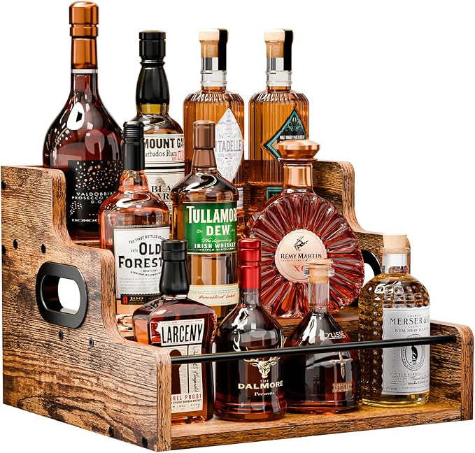 KLM Liquor Bottle Display Shelf, Coffee Syrup Rack Organizer, 3 Step Countertop Liquor Wine Rack, mini bar,liquor cabinet, Home Retro Bar Shelf Stand for Liquor Whiskey, Spirits