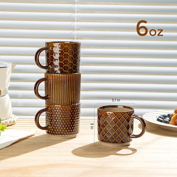 GBhome 6 OZ Stackable Coffee Mugs Set of 4, Ceramic Coffee Cups Set | 4 Assorted Designs, Embossed Mugs with Texture Patterns for Espresso/Tea, Dishwasher&Microwave Safe, Caramel