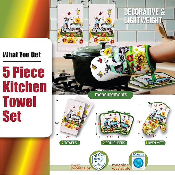 Sunflowers & Butterflies & Blue Scooter, 5 Piece Set | Kitchen Towel Set with 2 Decorative Dish Towels (25 X15), 1 Oven Mitt (11 X 7) and 2 Potholders (6.5 X 6.5)