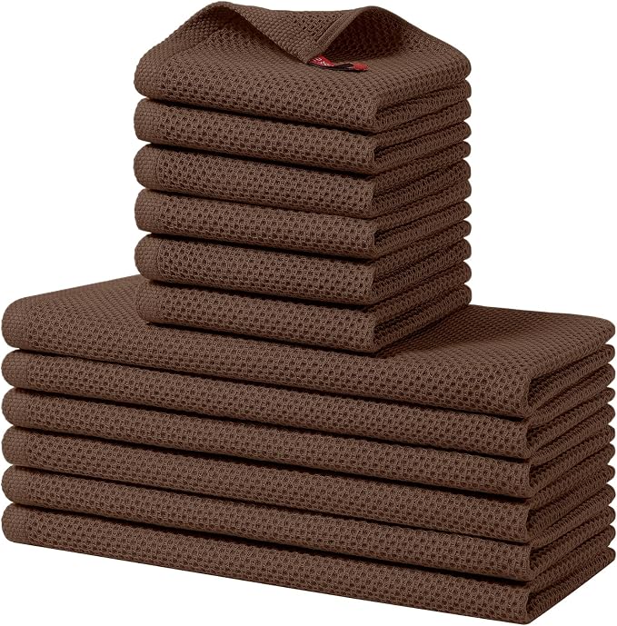 Homaxy 12 Pack 100% Cotton Kitchen Towels and Dishcloths Set, Coffee | 12 x 12 Inches and 13 x 28 Inches Kitchen Towels Set, Ultra Soft Absorbent Dish Cloths for Washing Dishes