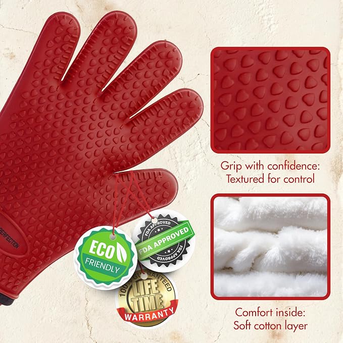 KITCHEN PERFECTION Silicone Griddle Grill Gloves Heat Resistant Oven Mitts | Waterproof, 5-Finger Design For A Better Grip, Best Griddle Grilling Accessories, Compatible with Blackstone, Weber & More