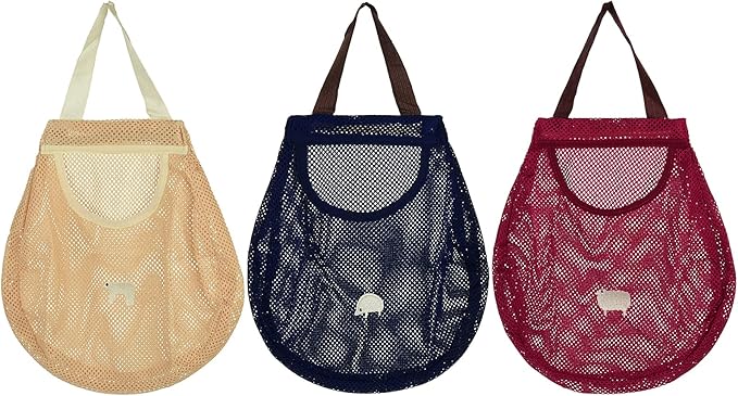Cosmos 3 Pcs Reusable Hanging Storage Mesh Bags Wall Mount Hanging Home Kitchen Grocery Bag Organizer Storage Produce Tote Bags for Potatoes, Fruit, Garlics, Onions, Vegetables