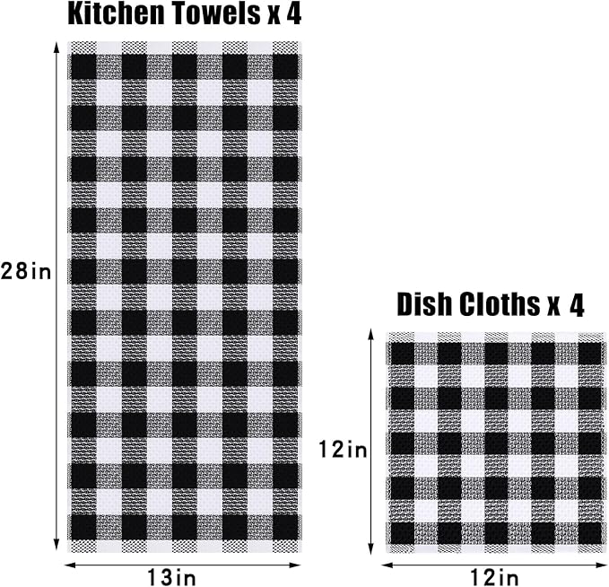 Homaxy Kitchen Towels and Dishcloths Set, Set of 8, Black & White | Bulk Cotton Waffle Weave Check Plaid Kitchen Towels, Super Soft and Absorbent Dish Cloths, 12 x 12 and 13 x 28 Inches