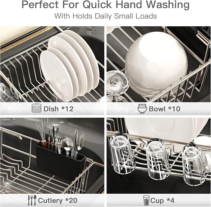 Dish Drying Rack Over The Sink with Adjustable Utensil Holder | Expandable Stainless Steel Dish Drainer for Small Kitchen, Apartment, RV, Counter Space Saving, Perfect Fit, Rustproof