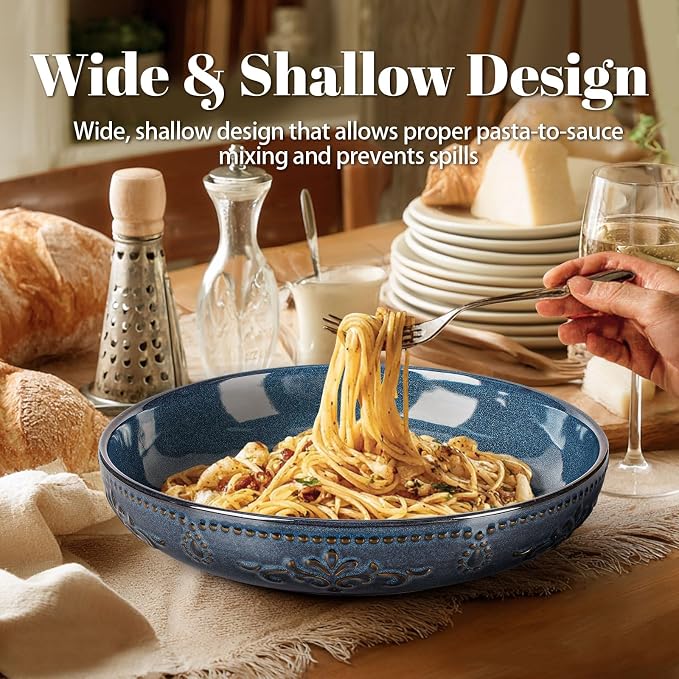 Pasta Bowls, 50oz Large Salad Serving Bowls, 9.75'' Plates Bowls Set of 4, Big Ceramic Soup Bowls for Kitchen, Embossment Shallow Dinner Bowl, Microwave Dishwasher Safe, Multiple Patterns, Blue
