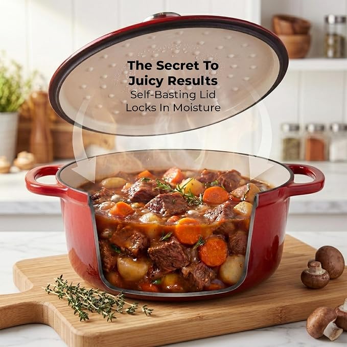 Zulay Kitchen 5 Quart Enameled Cast Iron Dutch Oven Pot with Lid – Premium Durability & Oven Safe up to 500°F – Heavy Duty Cookware Perfect for Bread Baking, Stews, Braising & Roasting – Ablaze Red