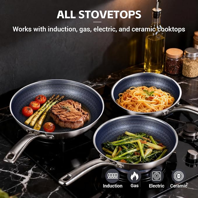 Ammeloo Hybrid Tri-Ply Stainless Steel Frying Pans Set, 8"/9.5"/11" Cooking Pans, Non Stick Frying Pans and Skillets, Chef Pan, Non Toxic, Dishwasher Safe, Induction Compatible, Blue Interior
