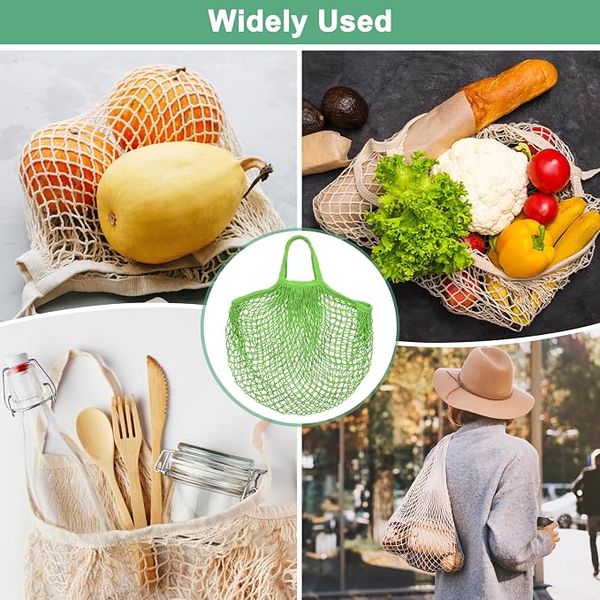 M METERXITY 1-Pack Cotton Mesh Bag, Reusable Washable Mesh Net String Grocery Bags, Reusable Produce Bags with Handle, Net Tote Bag for Fruits/Vegetables Shopping [Green, Short Handle]