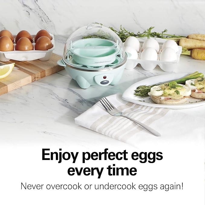 Hamilton Beach 3-in-1 Electric Egg Cooker for Hard Boiled Eggs, Poacher Eggs, Omelet Maker & Vegetable Steamer, Holds 7, Mint (25504) (Pack of 2)