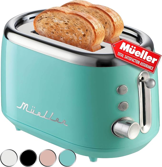 MUELLER HOME Retro Toaster 2 Slice, 7 Browning Levels | 3 Functions (Reheat, Defrost, Cancel), Stainless Steel Features, Removable Crumb Tray, Under Base Cord Storage, Turquoise