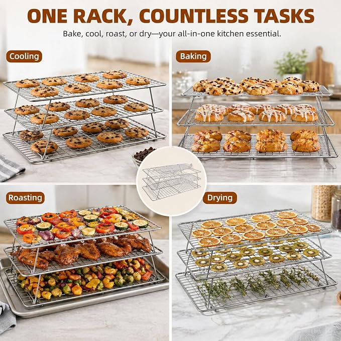 Cooling Rack 16"x10", 3-Tier Stackable & Collapsible Cooling Racks | Cooling Racks for Cooking and Baking, Roasting, Grilling, Oven & Dishwasher Safe (Silver, 3-Tier-SL)
