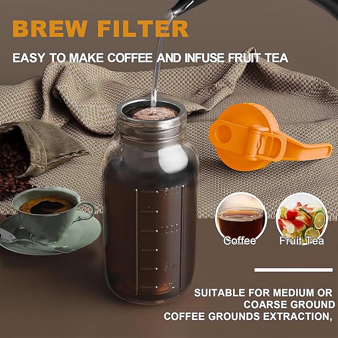 Cold Brew Coffee Maker, 64 oz Glass Mason Jar Pitcher | 100μm stainless steel filter, wide mouth design, leak-proof lid with handle, pour spout for iced coffee, tea and cold drinks