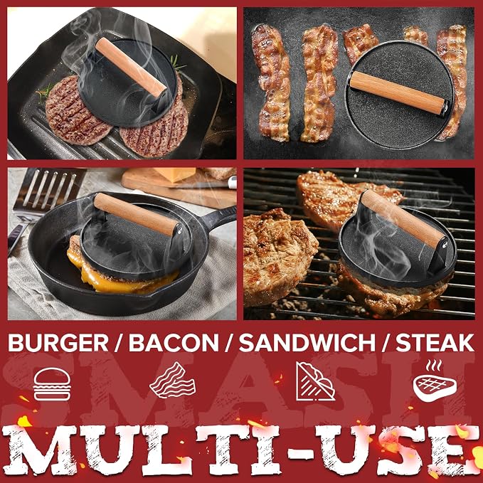 Grilliance Smash Burger Press Kit, 3 in 1 Hamburger Press Patty Maker, Dark Black Cast Iron Burger Press, Cleaning Pad Set for Grill, Griddle, Flat top, Kitchen, Cooking