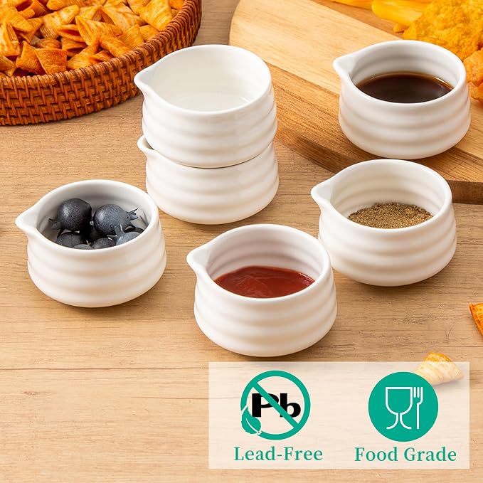 Ceramic Small Sauce Bowls with Spout, White, 3OZ, Set of 6 | Mini Prep Bowls, Small Condiment Dish/Pinch Set for Sushi/Ketchup/BBQ, Dishwasher & Oven Safe, Easy to Clean