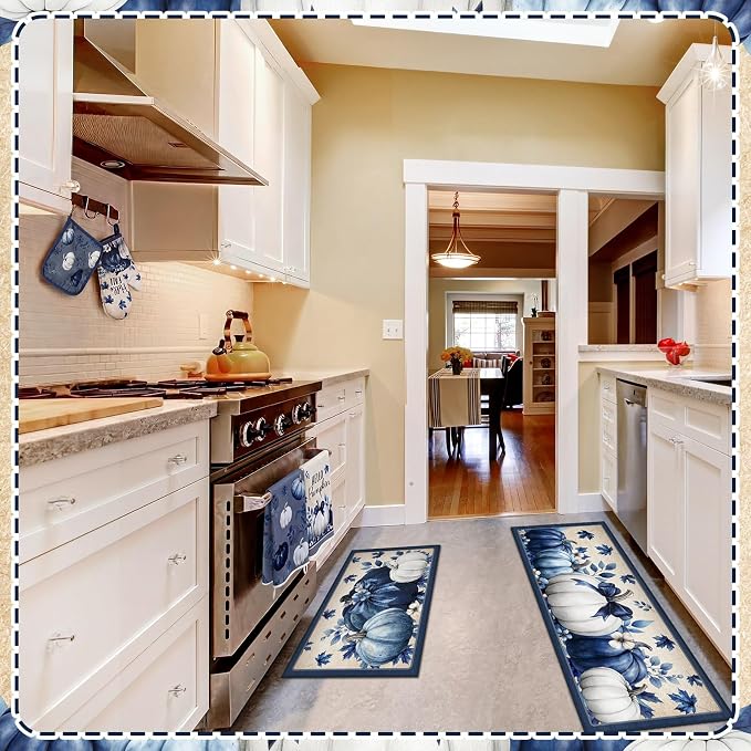 Fourluoo 10 Pcs Kitchen Dish Towels Rugs Oven Mitts and Pot Holders Set Farmhouse Kitchen Decor Set for Women Mom Daughter Gift Cooking Baking Grilling(Blue,Pumpkin)