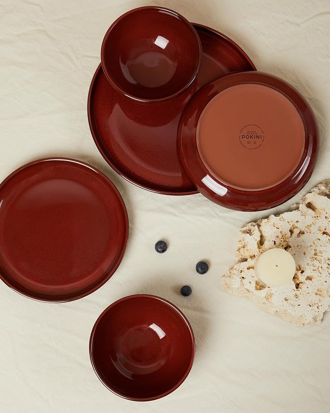 Santorini Mist Terracotta Reactive Glaze Plates and Bowls Sets, Stoneware Dinnerware Sets, Microwave and Dishwasher Safe Ceramic Dish Set Service for 4, Terracotta Red
