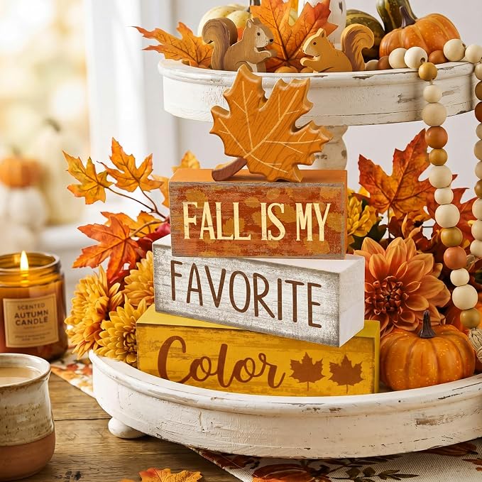 Lineshading 4 Pcs Fall Wooden Block Signs Farmhouse Tabletop Maple Leaf | Rustic Tiered Tray Decor, Stackable Autumn Blocks with Maple Leaf Cutout, Gift for Farmhouse Table Centerpiece Display