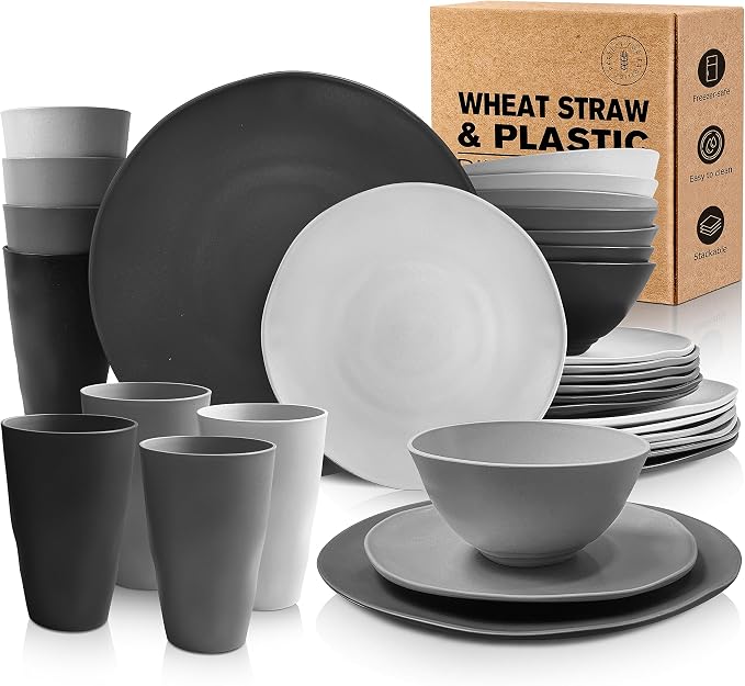 Teivio 32-Piece Plates and Bowls Sets for 8, Irregular Dinnerware Sets | Kitchen Plastic Wheat Straw Dinner Plate set, Cups, Unbreakable Dishwasher, Outdoor Camping RV Dish set, Gray Ombre ﻿ ﻿