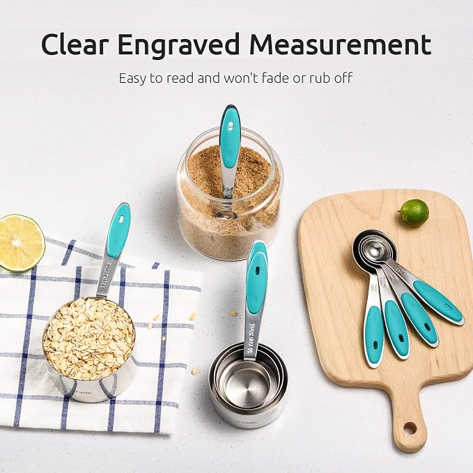 U-Taste Measuring Cups Spoons Set, 18/8 Stainless Steel, 10Pcs, Teal | Upgraded Thickened Handle, Reinforced Welded Joints, Nested Stackable Design, Metal Measure Set for Kitchen Baking Cooking