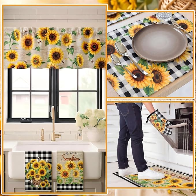 Fourluoo 16 Pcs Sunflower Kitchen Decor Set, Kitchen Towels, Sunflower Dishcloths, Black White Plaid Non Slip Rugs Mats, Oven Mitts, Pot Holders Placemats and Curtains Set for Home Summer Decoration