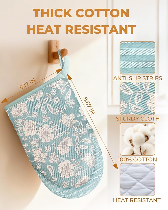 100% Thick Cotton Mini Oven Mitts Silicone Grip Chic Blue Floral | Elegant Classic Oven Mitts for Women, Machine Washable, Non-Slip, Reversible Design Fits Both Hands, Stylish Kitchen Decor