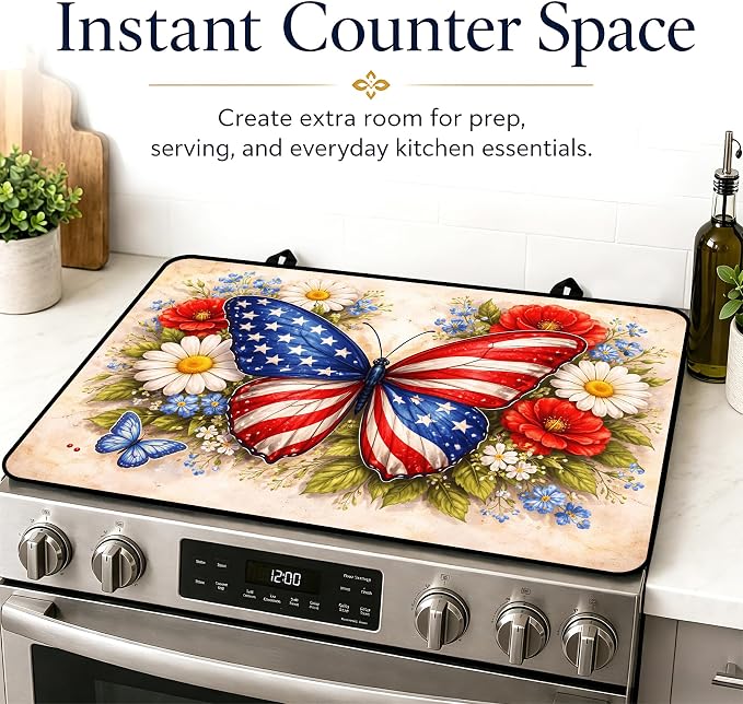 Patriotic Electric Stove Top Cover | Heat Resistant Glass Cooktop Protector for Kitchen Ceramic Countertops, Multiuse Stove Cover and Dish Drying Mat