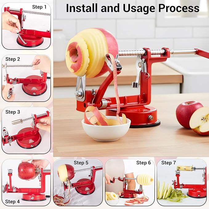 Apple Peeler Corer Slicer All in One – Apple Peeler Slicer Corer with Stainless Steel Blades, Multi-Function Apple Potato Peeler
