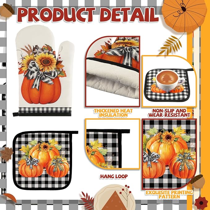 Fanfanwin 10 Pcs Fall Pumpkin Kitchen Decor Set Pumpkin Kitchen Rugs Towels Pot Holders Oven Mitts for Autumn Thanksgiving Decor for Baking Cooking BBQ Home