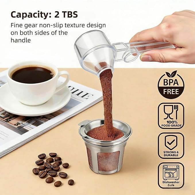 Coffee Scoop Fits Reusable K-Cups 2Tbsp, Food-Grade PCTG Funnel Scoop, Mess-Free & Precise Measuring for Coffee, Protein, Powder & Hot Cocoa (Original,1Pack)