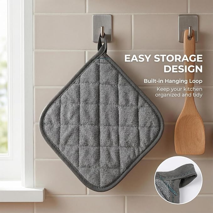 MAQIHAN Pot Holders for Kitchen - 4 PCS Cotton Hot Pads for Kitchen Gray | Cotton Potholders Set, Heat Resistant Terry Cloth 7 Inch, Oven Pads, Cooking, Baking Pans, Dining Table & Countertops