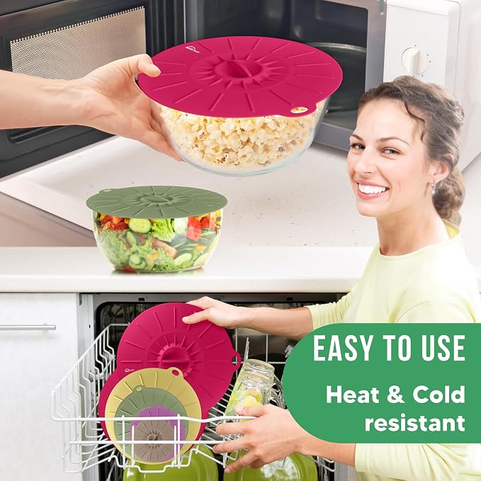 Silicone Lids for Food Storage - 5 Pack - 5 Sizes - Food Grade - Reusable Silicone Bowl Covers for Pots and Pans - Microwave Splatter Cover - Fits Cups, Plates,-Stove, Oven, Fridge, Dishwasher Safe