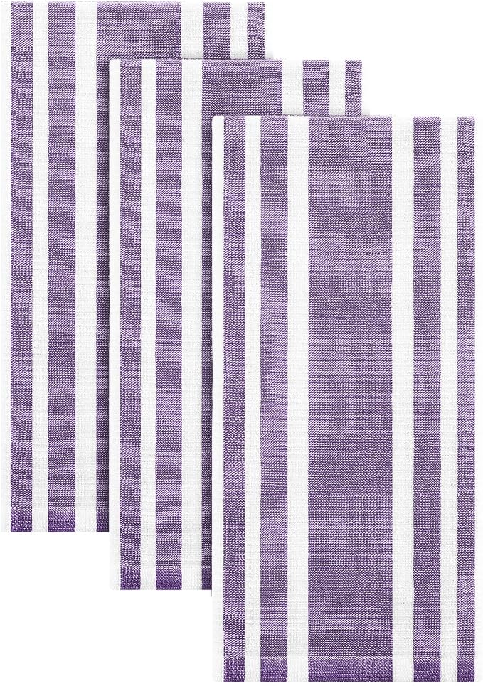 Homaxy Premium Cotton Stripe Kitchen Towels 3 Pack, 18"x 28", Purple | Large 380 GSM Kitchen Hand Towels, Soft Terry Dish Towels, Highly Absorbent Tea Towel Set with Hanging Loop
