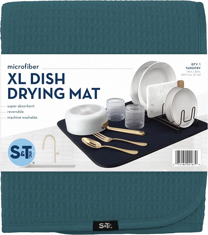 S&T INC. Dish Drying Mat, 18" x 24", XL, Tapestry Blue | Absorbent Microfiber, Extra Large Kitchen Counter Mat for Dishes, Utensils, Pots and Pans, Machine Washable