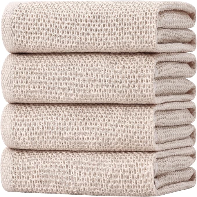 Homaxy 100% Cotton Oversized Waffle Weave Kitchen Towels 4-Pack, Beige | 20 x 28 Inches, Ultra Soft Absorbent Dish Towels, Quick Drying Large Cleaning Towels