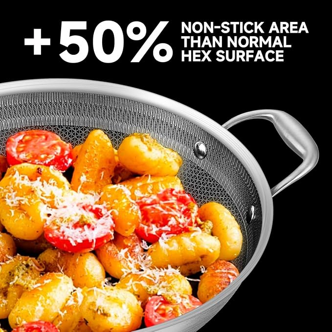 Hybird Nonstick Wok Pan with Steel Lid | 14.5-Inch | Rivented Handle | Non Toxic | Tri-Ply Stainless Steel | Ceramic Coating | Stir Fry Pan | Induction Compatible | Dishwasher & Oven Safe