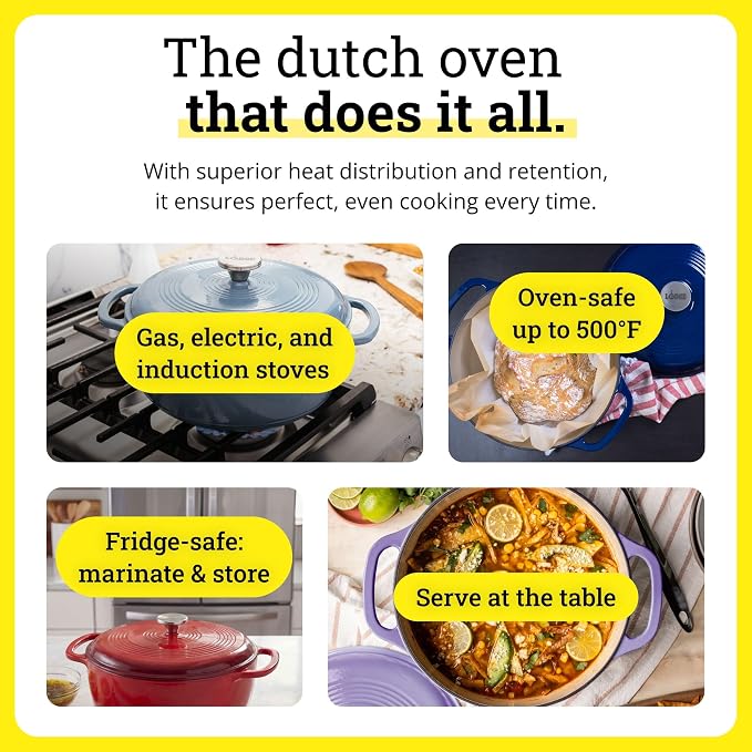 Lodge Essential Enamel Cast Iron Dutch Oven 6 Quarts - Perfect for Bread Baking, Braising, Marinating & Slow Cooking, Features Moisture-Sealing Lid & Dual Handles, Kitchen Essentials, Midnight Chrome